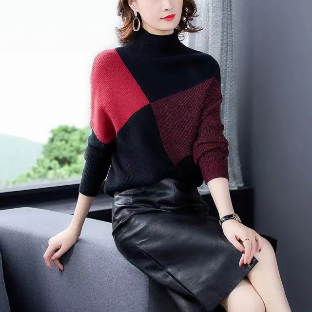 Women's Loose High Collar Color Matching Sweater Red - Shop at LoveMi