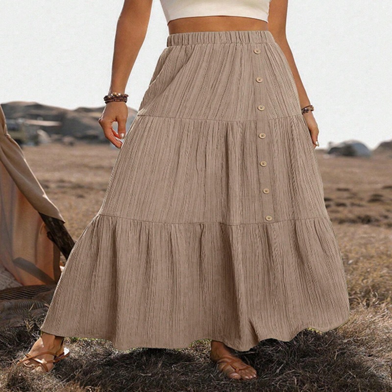 Elastic Waist Comfort Womens Long Tiered Striped Skirt