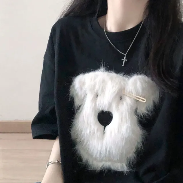 Cotton Plush Puppy Embroidered Short Sleeve Black - Shop at LoveMi