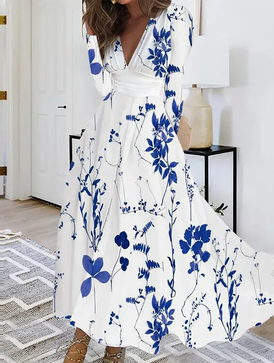 Fall V neck Long Sleeve Printed Women Dress Women Blue Flower - Shop at LoveMi