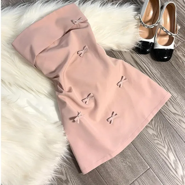 Korean style 3D Bow Strapless Dress Pink - Shop at LoveMi