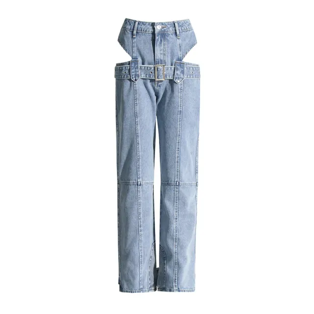 Midriff Outfit Straight leg Design Cargo Pants Trousers Washed Jeans Light Blue - Shop at LoveMi