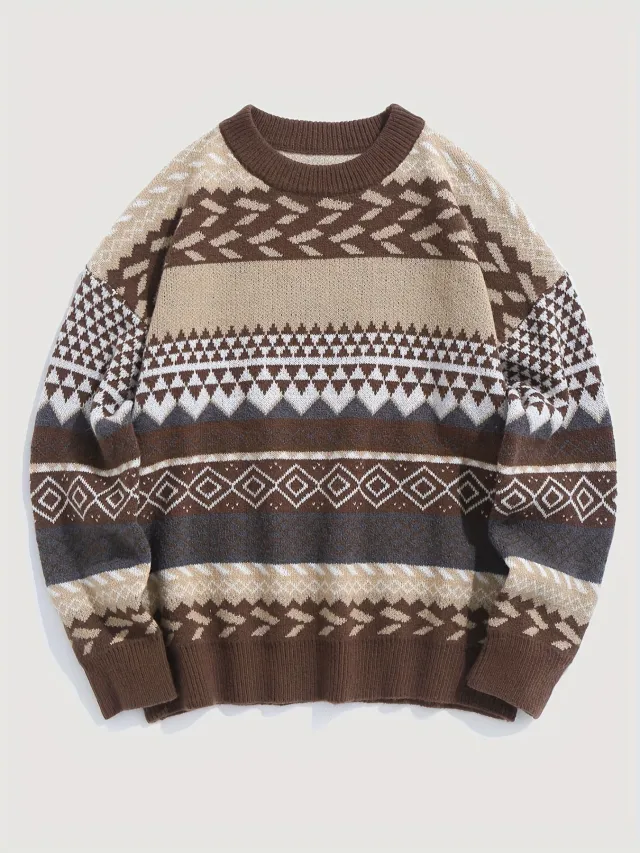Pullover Round Neck Long Sleeves Contrast Color Diamond Patterns Sweater Brown - Shop at LoveMi