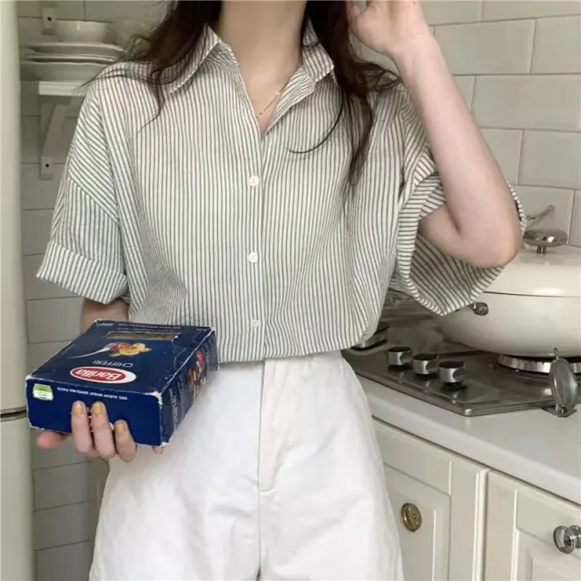 Women's Short sleeve Blue Striped Shirt Light Green - Shop at LoveMi