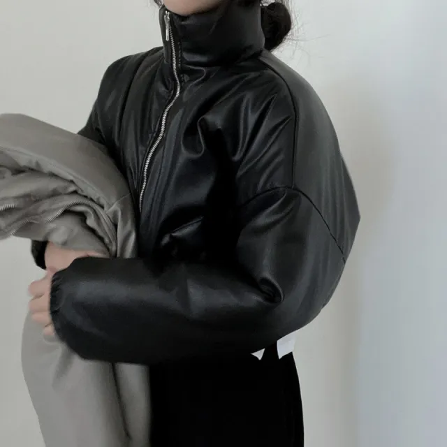 Warm Loose Versatile Short PU Leather Cotton Jacket For Women Gray - Shop at LoveMi