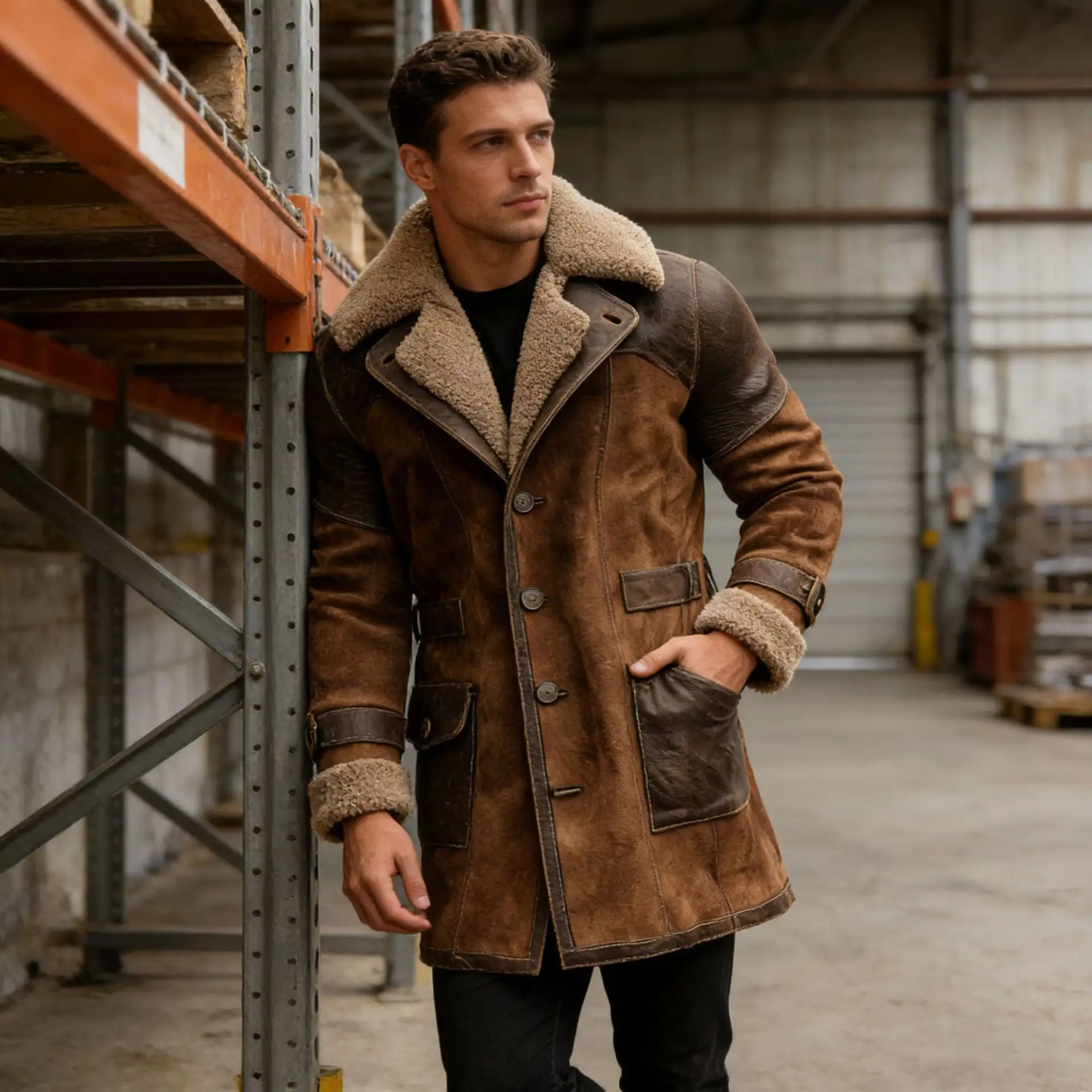 Mens Retro Patchwork Suede Coat, Long Style