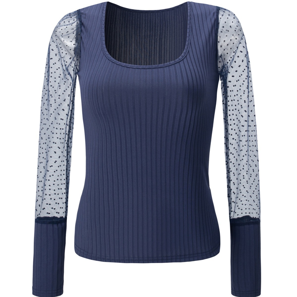 Fashion Mesh Patchwork Bubble Long Sleeve Striped Top