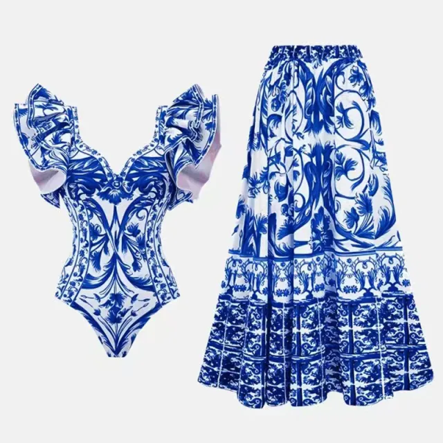 Fashion Trend Women's Printed Wear One piece Suit Swimsuit Blue - Shop at LoveMi