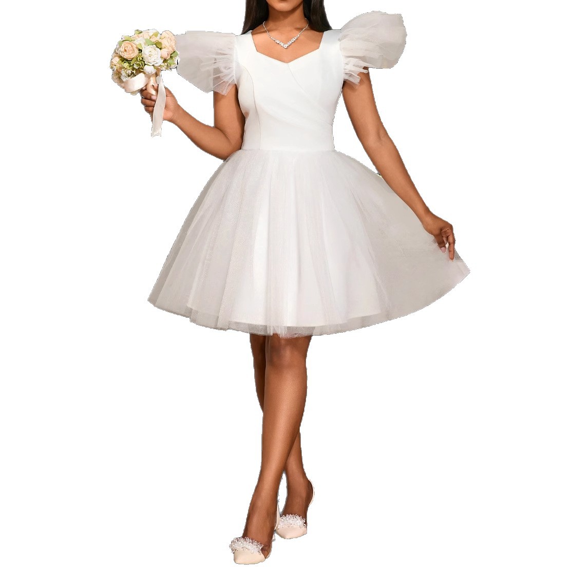 Female Solid Color Wedding V-neck Flying Sleeve Dress