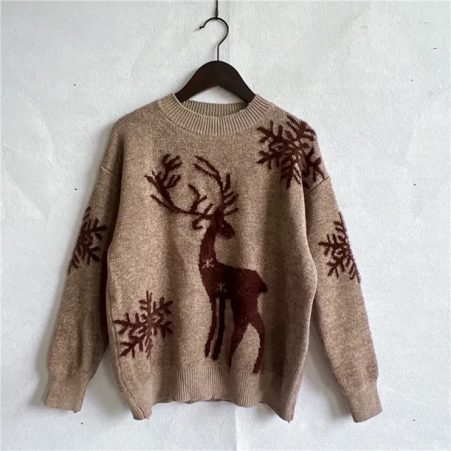 Women's Fashion Round Neck Long Sleeve Knitted Christmas Sweater Coffee - Shop at LoveMi