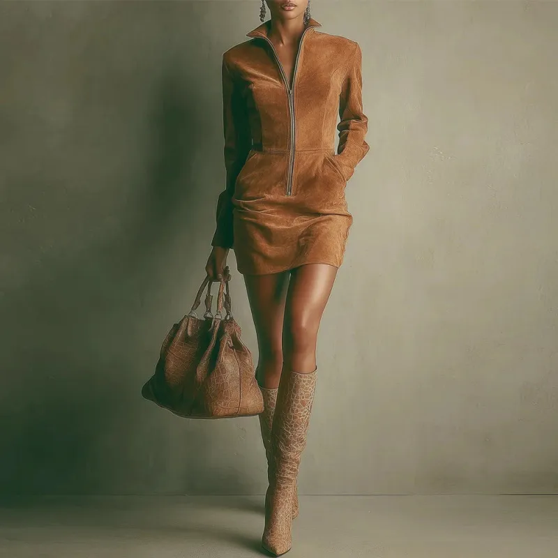 Deerskin Velvet French Long-sleeve Zipper Dress Short Skirt - Brown