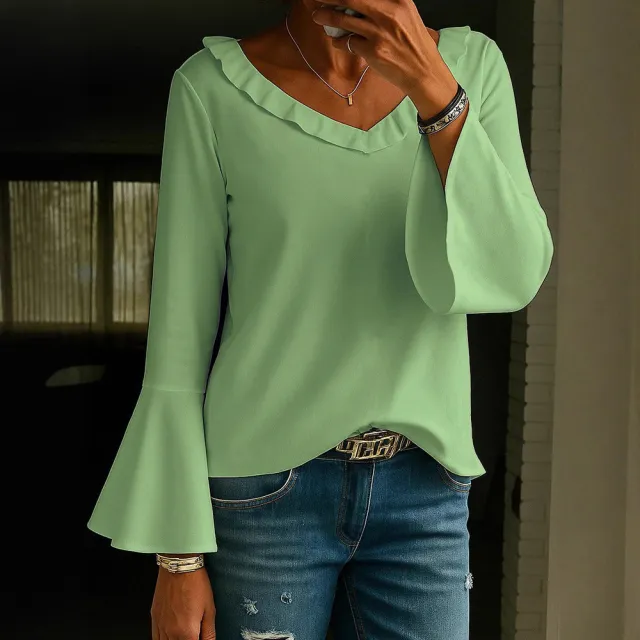 Casual Loose fitting V neck Long Sleeves T shirt Cyan - Shop at LoveMi