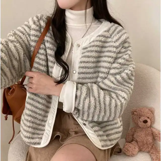 Autumn And Winter Wear Vintage Stripe Collarless Plush Contrast Color Long Sleeves Short Coat Protection Apricot - Shop at LoveMi