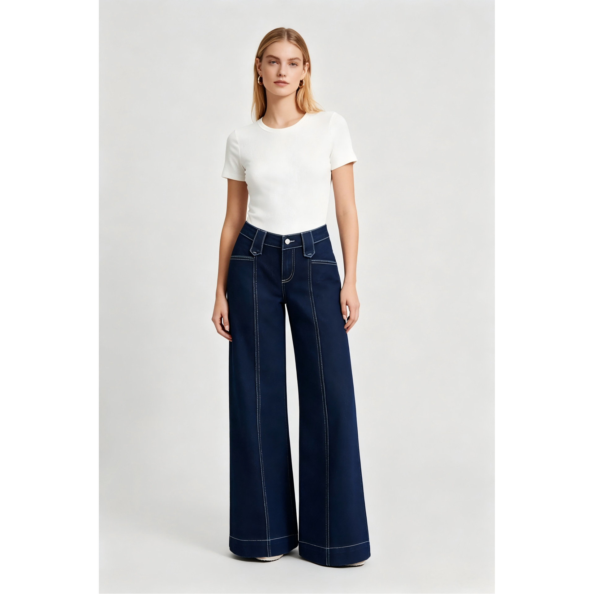 High-street Patchwork-striped Minimalist Chic Solid-color Relaxed-fit Wide-leg Straight-leg Pants