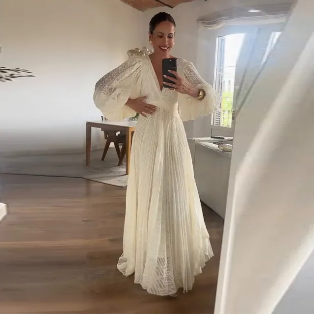 Women's Elegant Slimming Low Collar Long Sleeves White Dress White - Shop at LoveMi