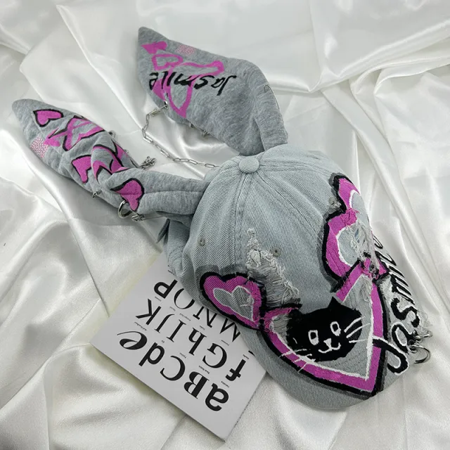 Special interest Design Y2g American Graffiti Punk Denim With Hole Rabbit Cat Heart M - Shop at LoveMi
