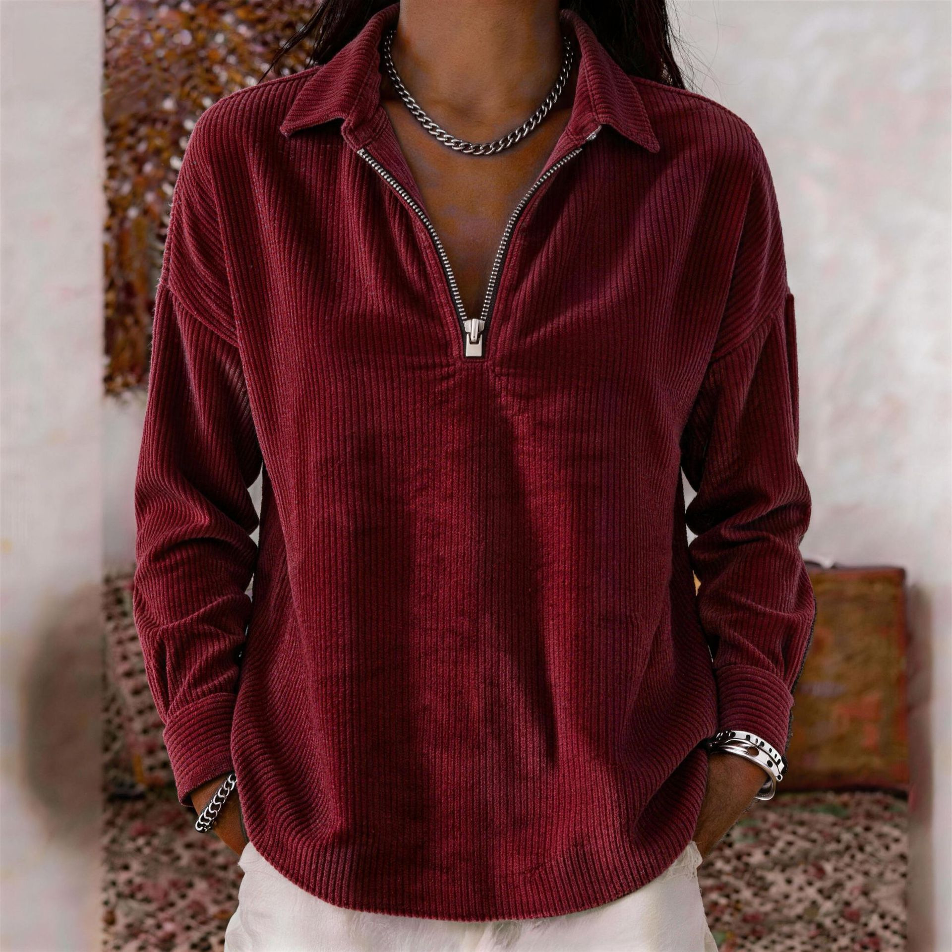 Casual Loose-fit Lapel Corduroy Long-sleeve Top