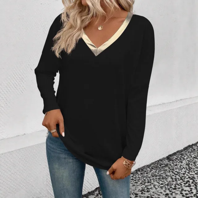 Gold colored V neck Solid color Casual Long sleeve Outerwear Top Black - Shop at LoveMi