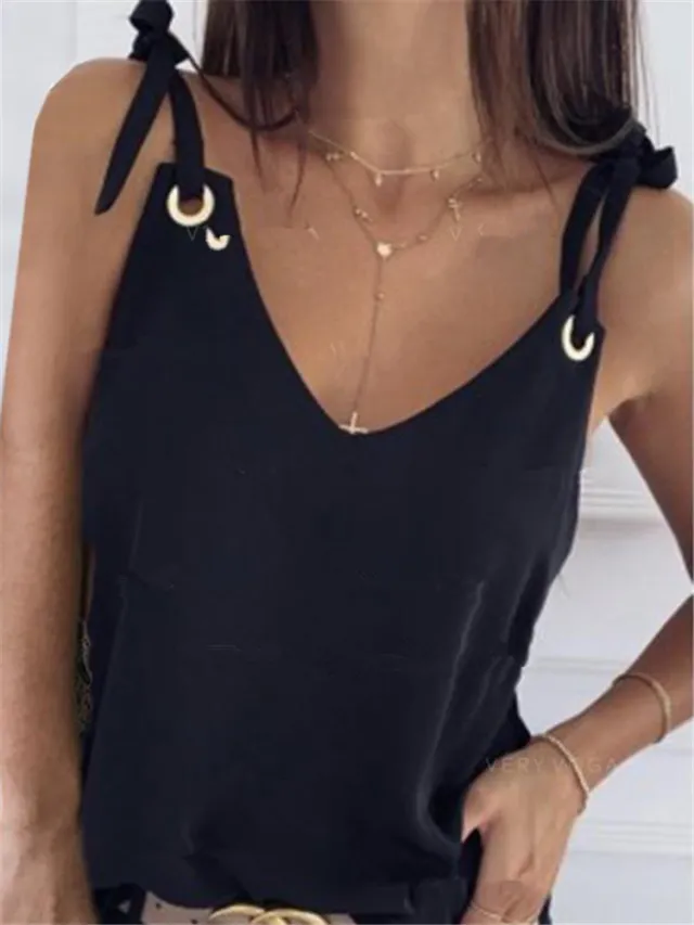 Summer Chiffon Fashion Suspenders V neck Vest Casual Top Black - Shop at LoveMi
