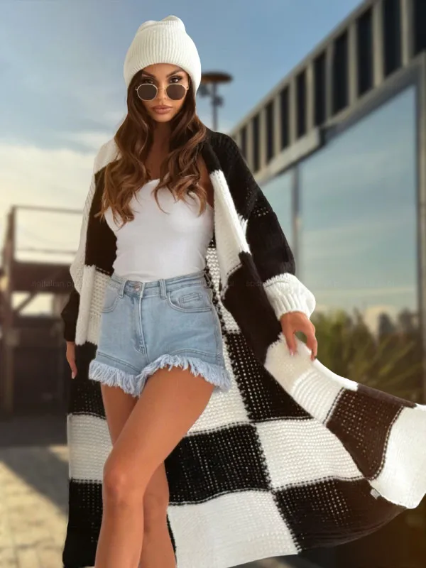Mid length Casual Color Plaid Sweater Cardigan Women's Clothes Black - Shop at LoveMi