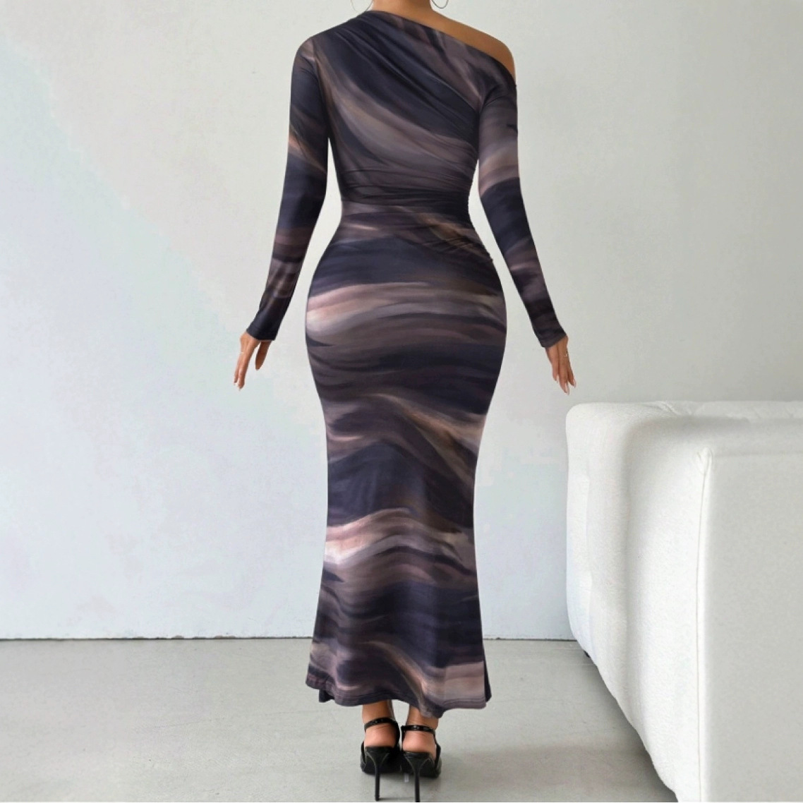 Tie-dyed Crossbody Shoulder Asymmetric Fold Dress