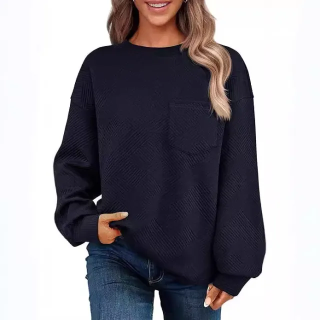 Women's Long sleeved Drop shoulder Round Neck Sweater Texture Blue - Shop at LoveMi