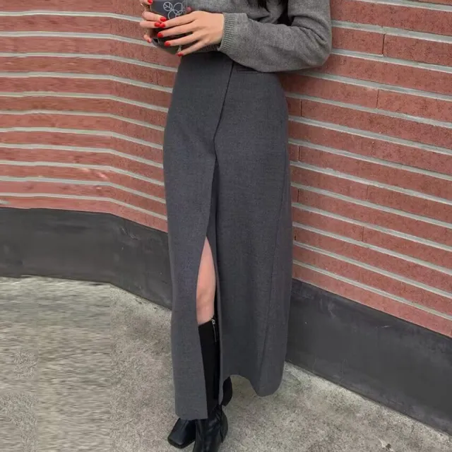 Slit Design Minority All match Overknee Long Skirt Gray - Shop at LoveMi