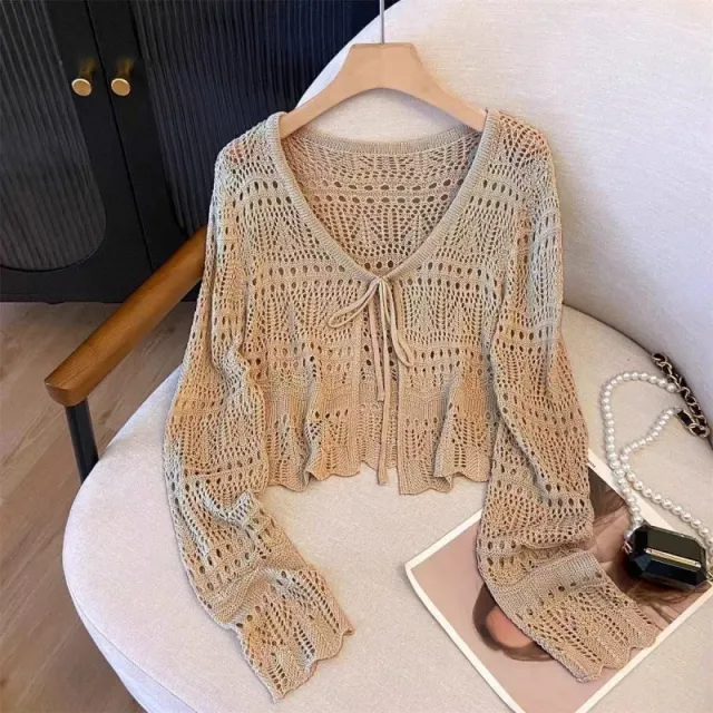 Knitted Long Sleeve Sun Protection Thin Cardigan Blouse Ice Silk Air Conditioning Top Khaki - Shop at LoveMi