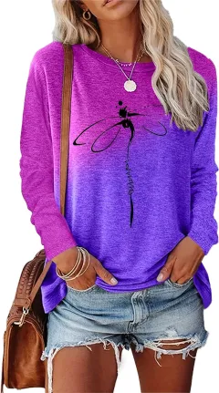 Dragonfly Pattern Round Neck Long Sleeve Women's T-shirt Tops - Purple - View 1