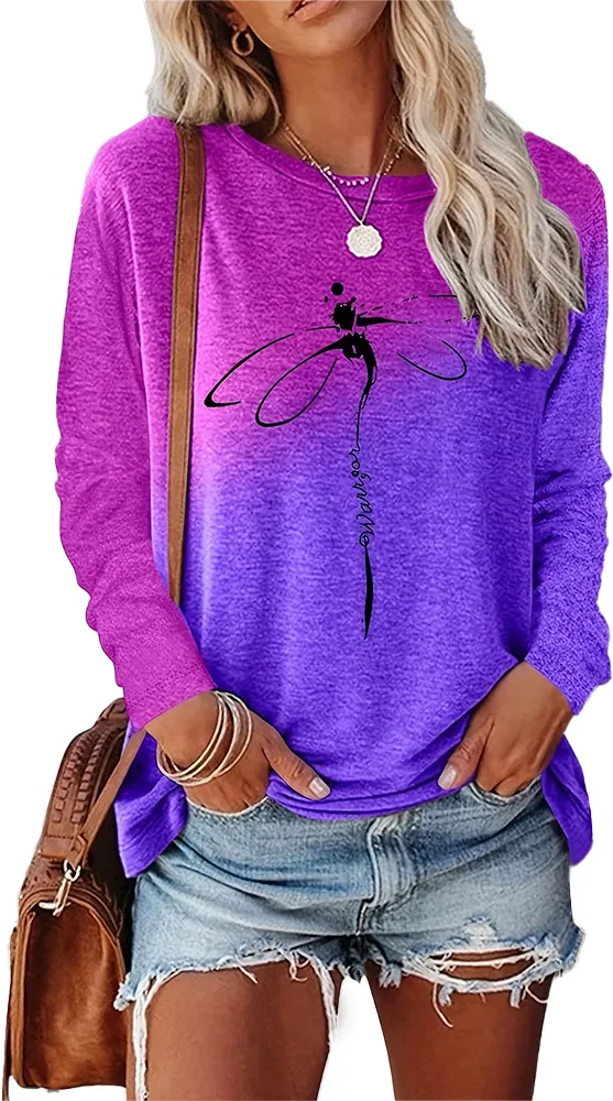 Dragonfly Pattern Round Neck Long Sleeve Women's T shirt Tops Purple Tie Dye - Shop at LoveMi