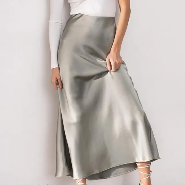 Long Sleeve High Waist Artificial Silk Elegant Fishtail Skirt Draping Satin Slit Skirt Champagne - Shop at LoveMi