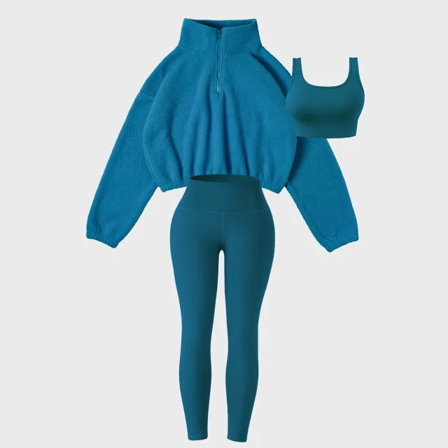 Fleece Sweatshirt Yoga Outdoor Leisure Sports Three piece Suit Peacock Blue - Shop at LoveMi
