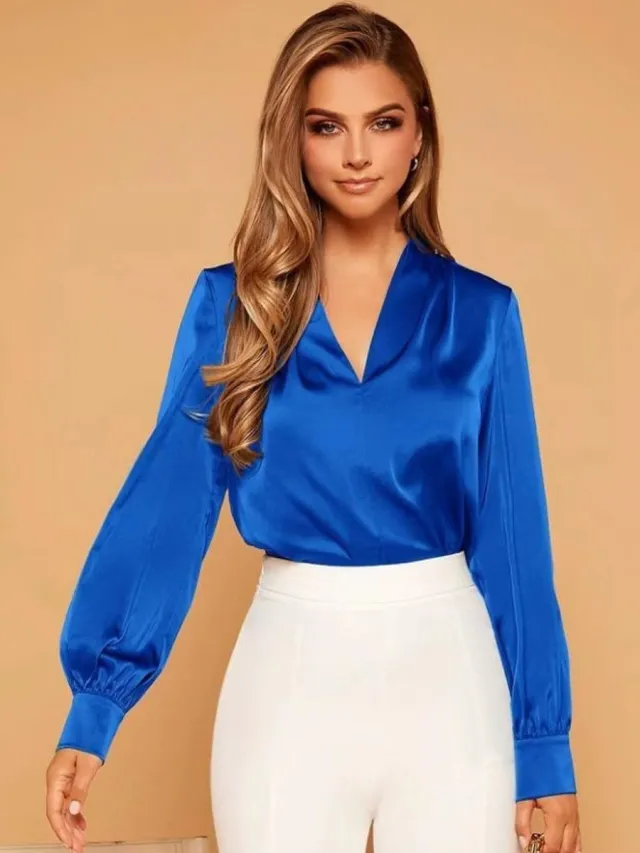 Women's Long sleeved Satin Shirt Blue - Shop at LoveMi