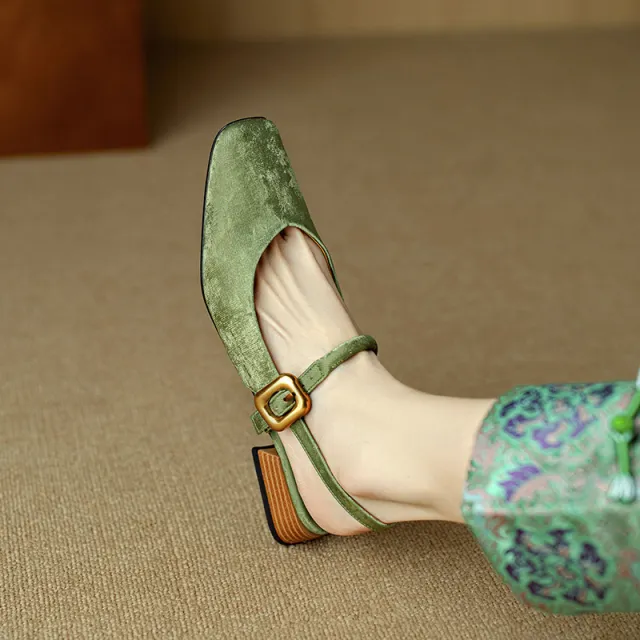 Retro Square Toe Chunky Heel Low cut New Closed Toe Sandals Green - Shop at LoveMi