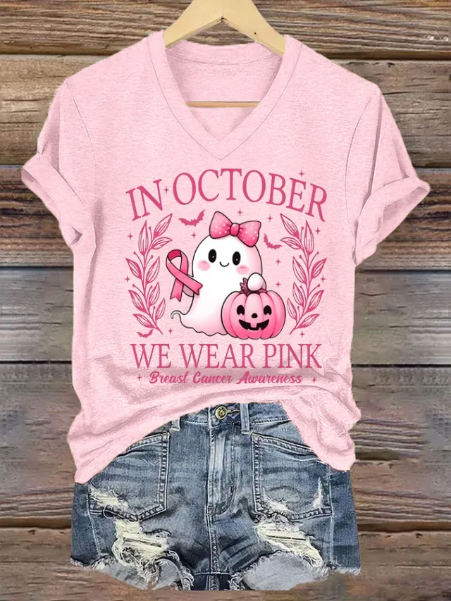Women's Fashion Printed Casual Colored Cotton V neck Short Sleeve Pink - Shop at LoveMi