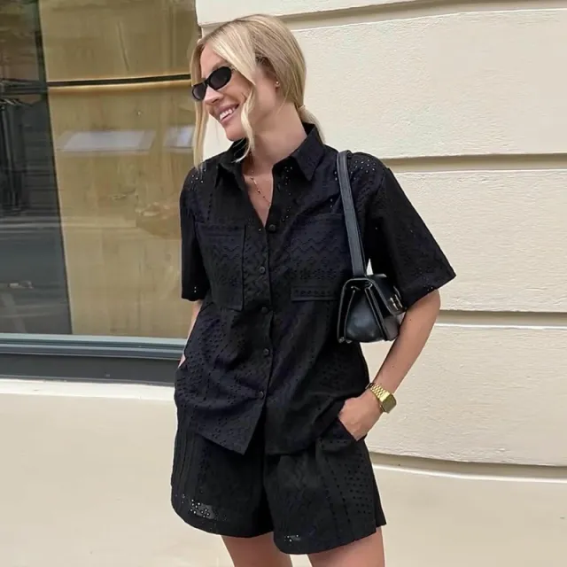 Hollow Short Sleeve Lapel Shirt Women's Shorts Black - Shop at LoveMi
