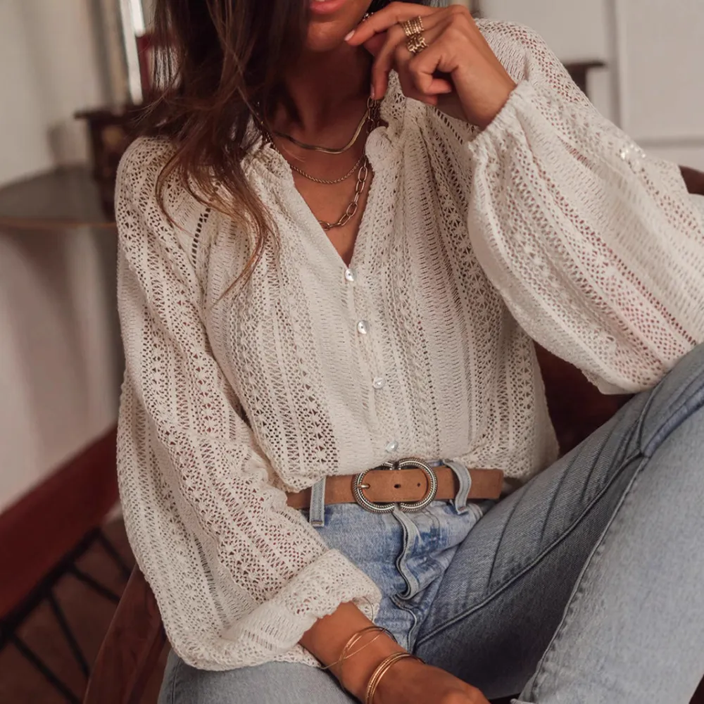 Solid Color Hollow Loose Long Sleeve Top