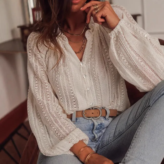 Solid Color Hollow Loose Long Sleeve Top Off White - Shop at LoveMi