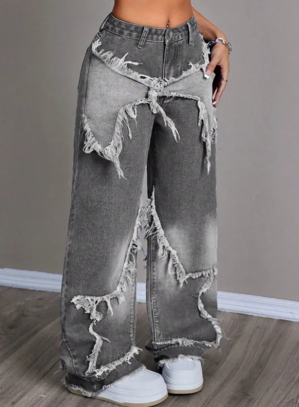 Retro Star Patchwork Heavy Wash Women's Jeans - Gray