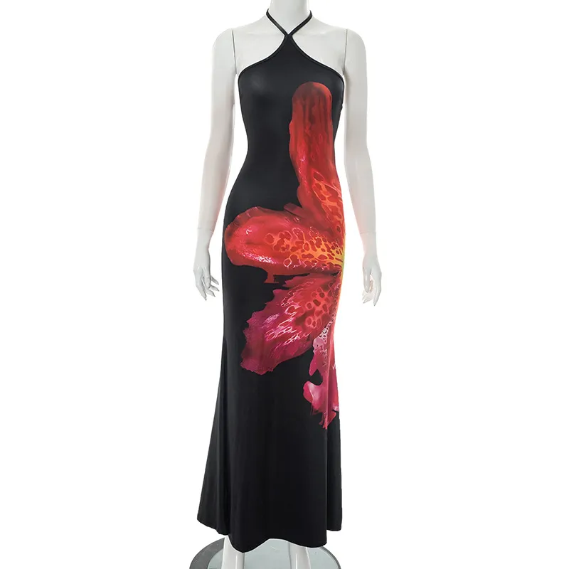 Fashion Women's Wear Floral Print Halter Dress - Black