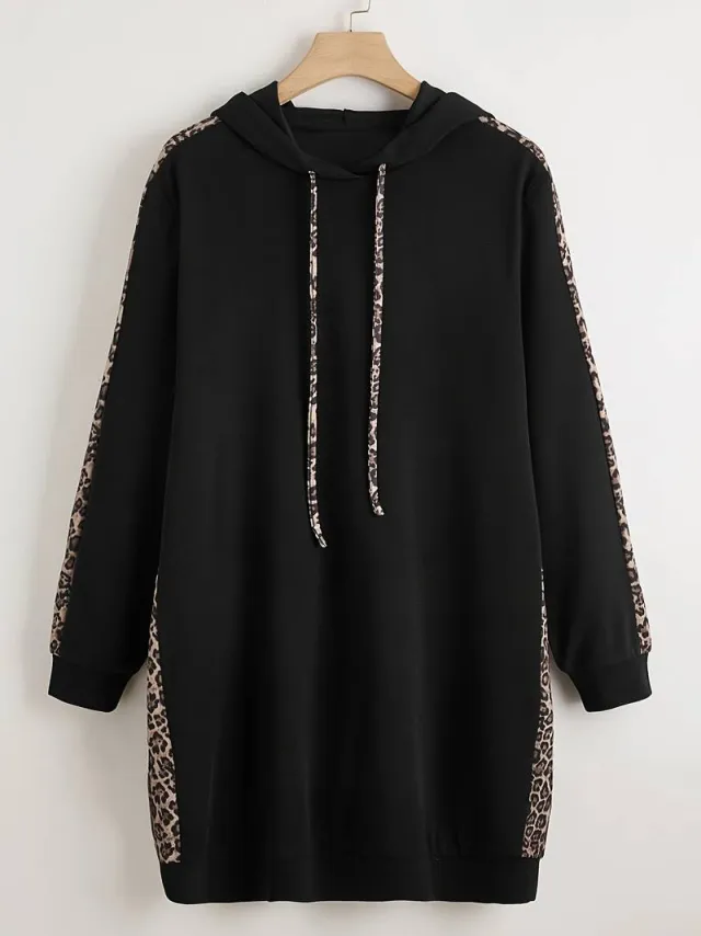 Plus Size Side Leopard Print Drawstring Hoodie Black - Shop at LoveMi