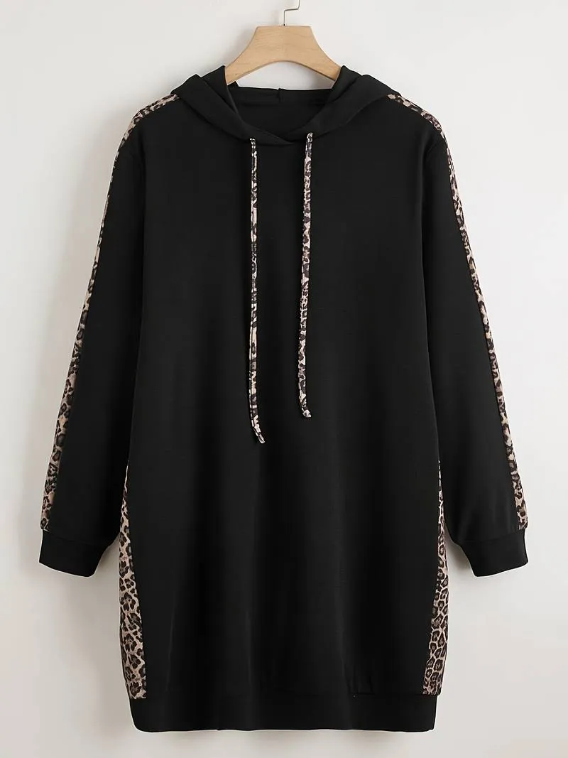 Plus Size Side Leopard Print Drawstring Hoodie - Black
