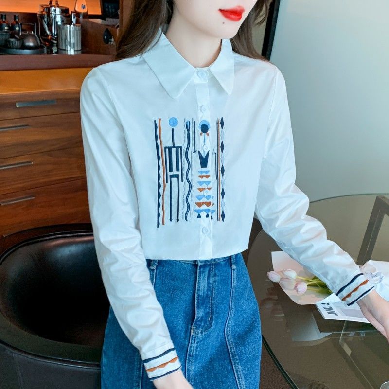 Embroidered Cotton Elegant Long-Sleeve White Shirt