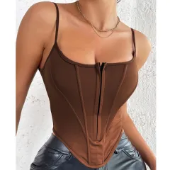 INS Single-breasted Sling Crop Corset Tank Summer Fashion Slim Camisole Vest For Women Clothing - Brown - View 1