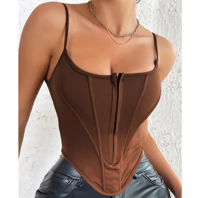 INS Single breasted Sling Crop Corset Tank Summer Fashion Slim Camisole Vest For Women Clothing Brown - Shop at LoveMi