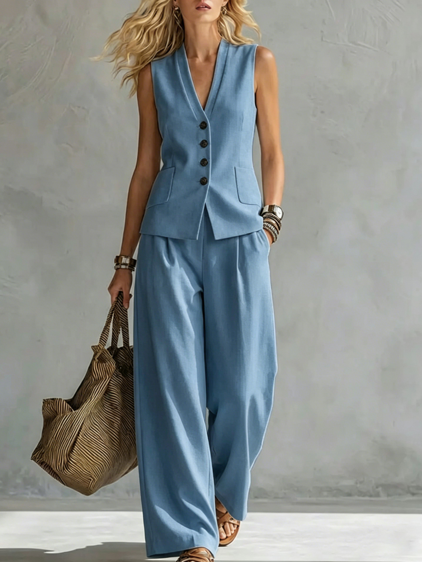 Women's Solid Linen Sleeveless Tank Top and Pants Set – front view
