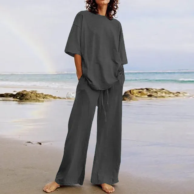 Cotton And Linen Home Solid Color Two piece Suit Dark Gray - Shop at LoveMi