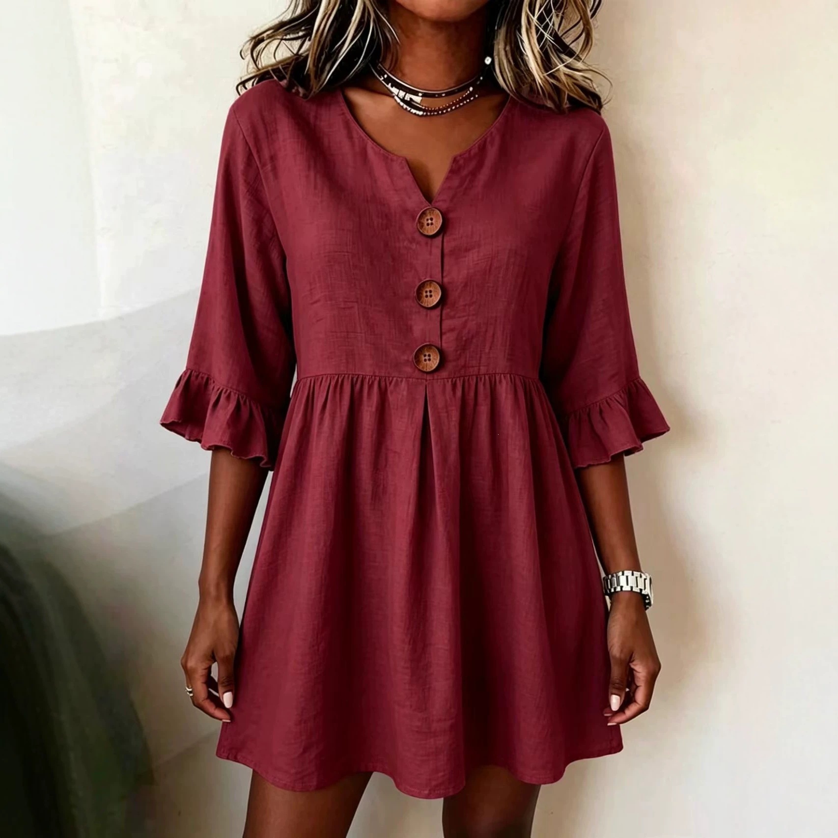 Womens V-neck Cotton-linen Side-detailed Dress