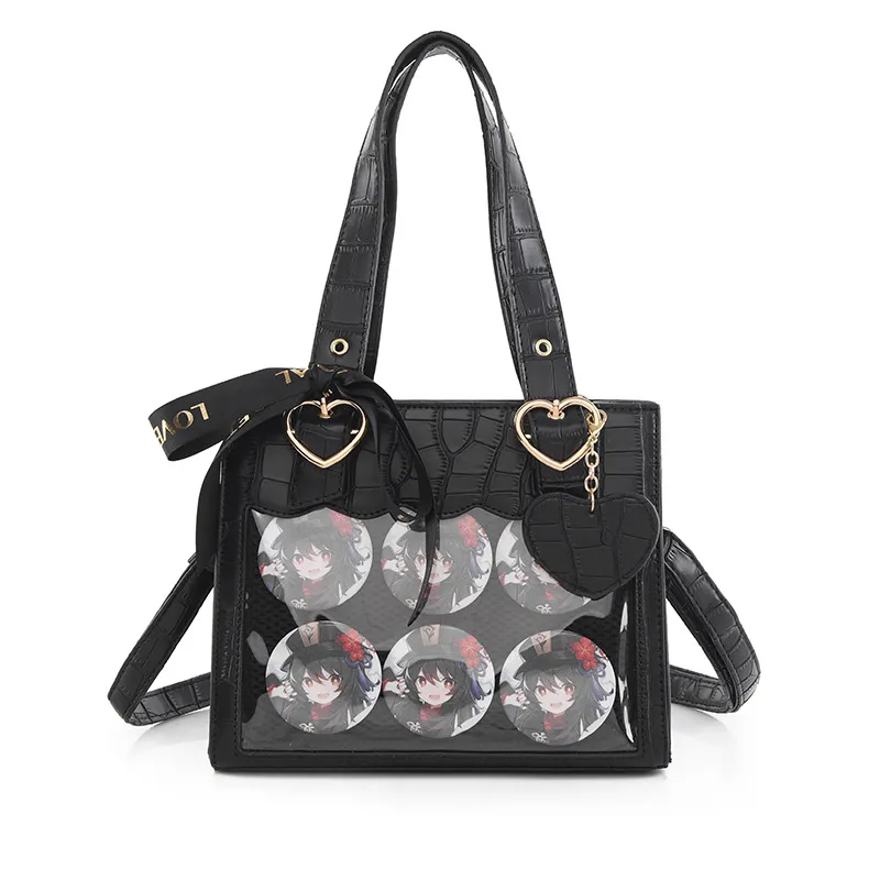 Quadratic Crocodile Pattern Women's Crossbody Tote - Black