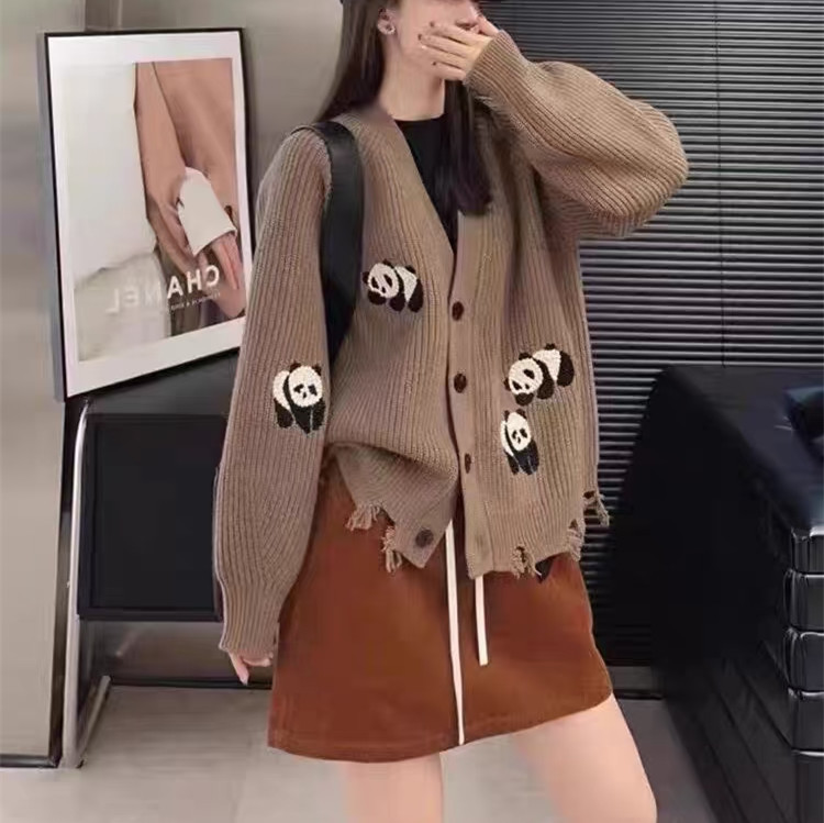 Heavy Industry Panda Embroidered Cardigan Sweater Loose And Lazy Style Brown - Shop at LoveMi